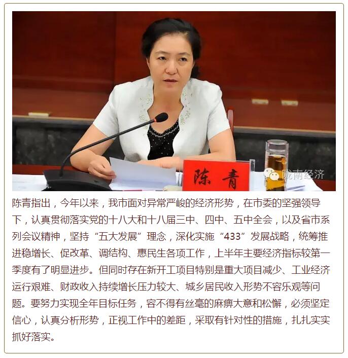 陳青在市政府全體會(huì)議上強(qiáng)調(diào)：緊盯一個(gè)目標(biāo)抓好九大任務(wù)落實(shí)強(qiáng)化三項(xiàng)保障，確保全市經(jīng)濟(jì)社會(huì)持續(xù)快速發(fā)展